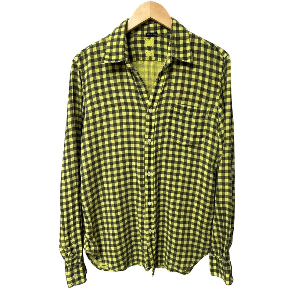 120% Lino Button Down Shirt Mens Large Yellow Black Gingham Linen Slim Fit Italy